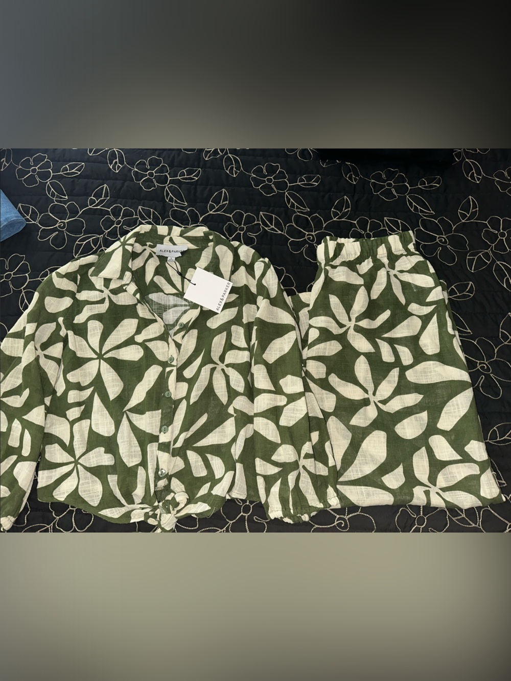 Everlane Olive Green Floral Button-Front Set